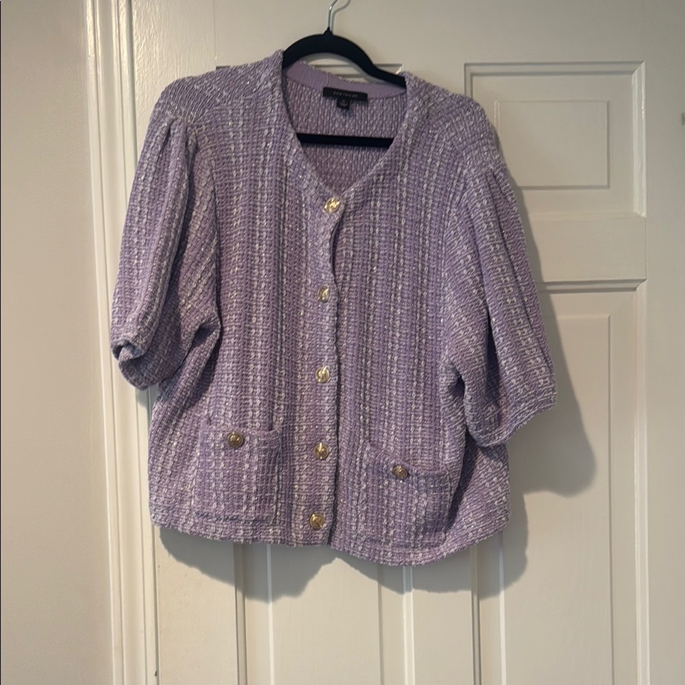 Purple Textured Short Sleeve Button-Up Cardigan